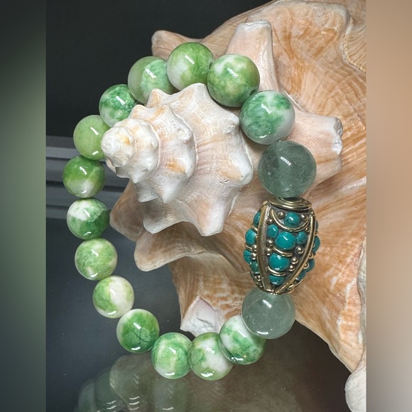 RARE PERSIAN JADE + FLUORITE + TURQUOISE NATURAL BRACELET size 7” - Picture 2 of 11